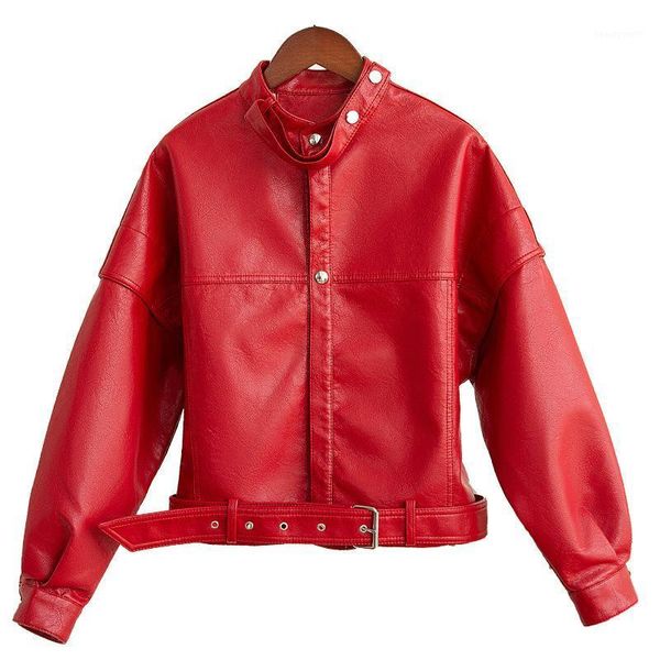 

women's autumn spring pu leather jacket korean style solid short faux coat stand colld with sashes casual outwear &, Black