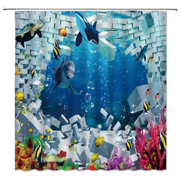 

underwater animals shower curtain seabed fishes and turtles shuttle between scattered brick walls 3d effect,70x70 inch polyester
