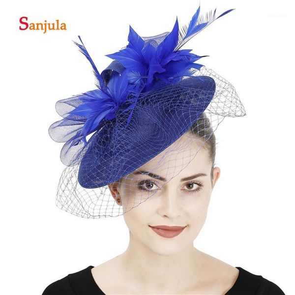 

royal blue linen hats with face veil elegant women party headwear feathers fascinatior bridal wedding hair accessories h3921