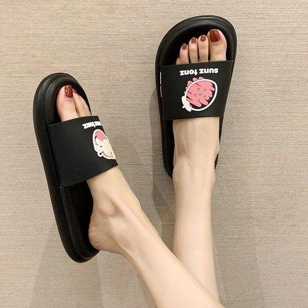 

slippers summer 2021 women wearing cute cartoon boy graffiti flops beach flat shoes, Black
