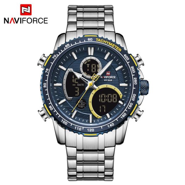 

naviforce men watch dual display blue sport timepiece chronograph quartz wristwatch date male clock relogio masculino nf9182g, Slivery;brown