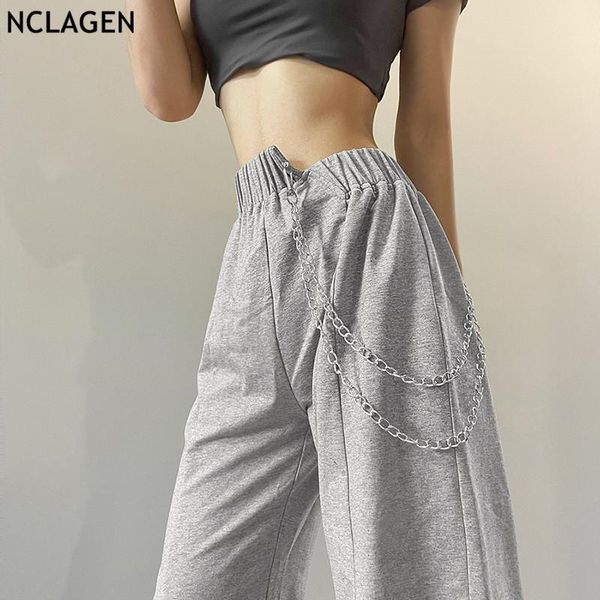 

women's pants & capris nclagen 2021 women fashion asymmetry waist stylish chain ripped hole loose casual wide leg streetwear grey trous, Black;white