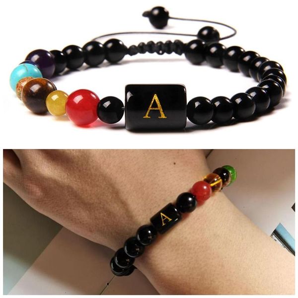 

beaded, strands men bracelets natural turquois tiger eye stone beads 7 chakra black rope 26 letters charm braid bracelet women jewelry