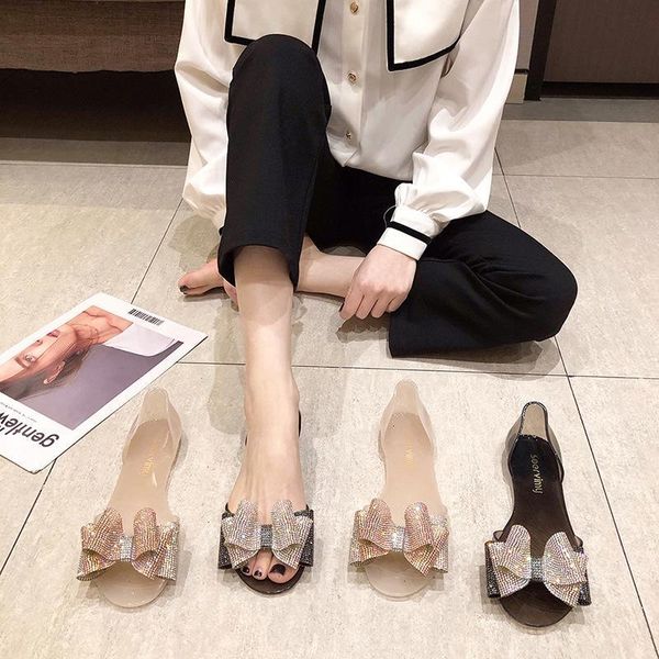 

big bow flat summer shoes women sandals crystal jelly flats 2021 fish mouth female slip on casual shoo for, Black