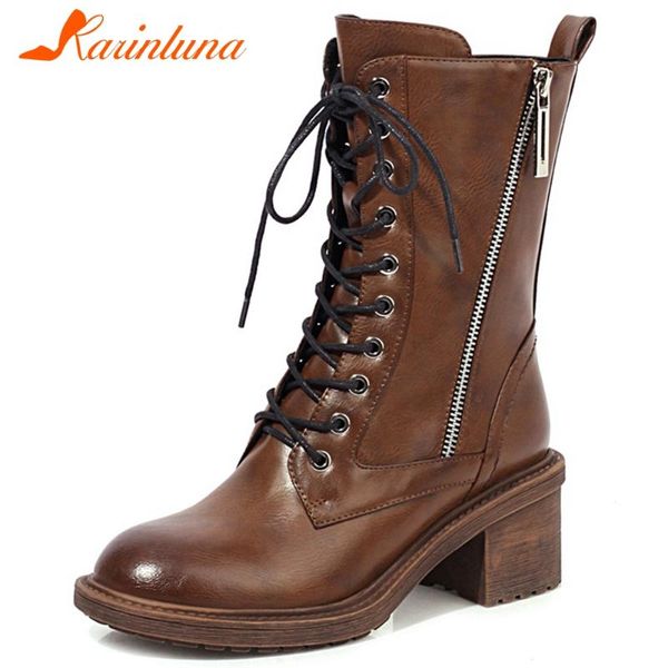 

boots karin brand female mid calf zip round toe square high heels women cross tied leisure shoes woman, Black