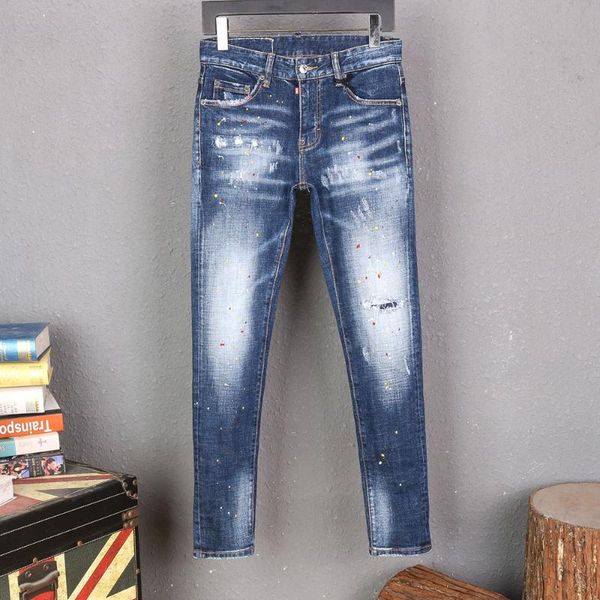 

men's jeans original brand european stretch pants men slim denim trousers zipper blue hole pencil