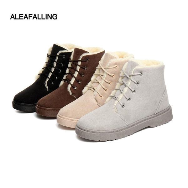 

boots aleafalling women snow female warm winter plush fashion woman's shoes flat vintage lace up casual lady wbt104, Black