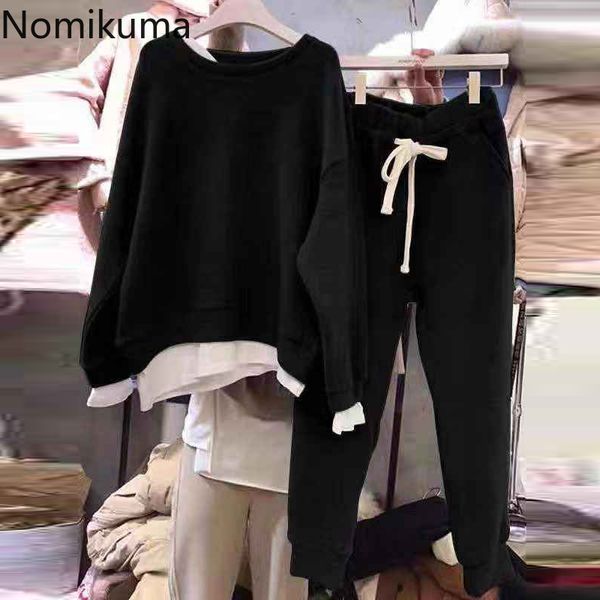 

nomikuma autumn korean 2piece sets fake two piece pullover sweatshirt + lace up waist long pants women sweat suits 6d100 210427, White