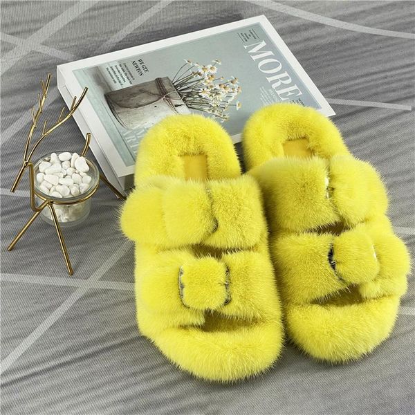 

100% mink leather slippers ladies fur real cute, Black