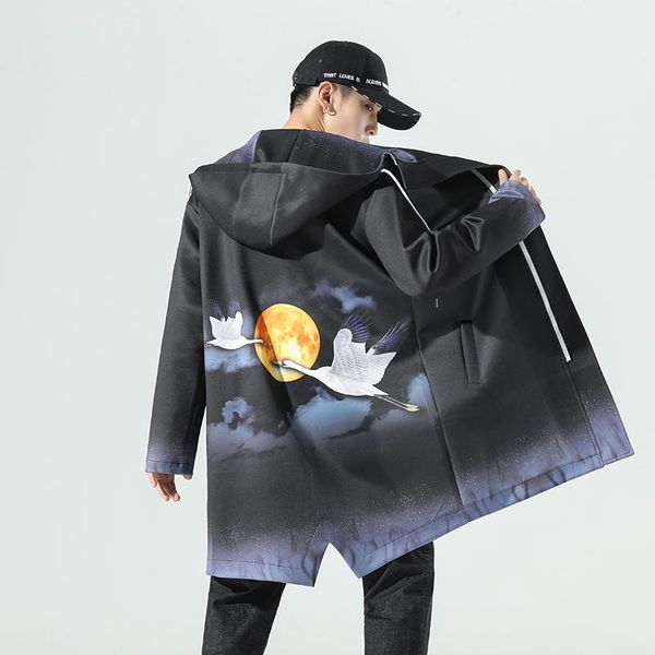 

men's jackets mens hooded jacket long oversized trench men harajuku style 2021 male spring autumn printed coat fashion clothes, Black;brown