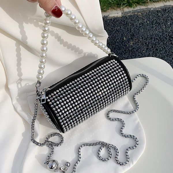 

design small rivet pu leather round bucket crossbody bag for women 2021 beading fashion luxury chain shoulder handbags evening bags