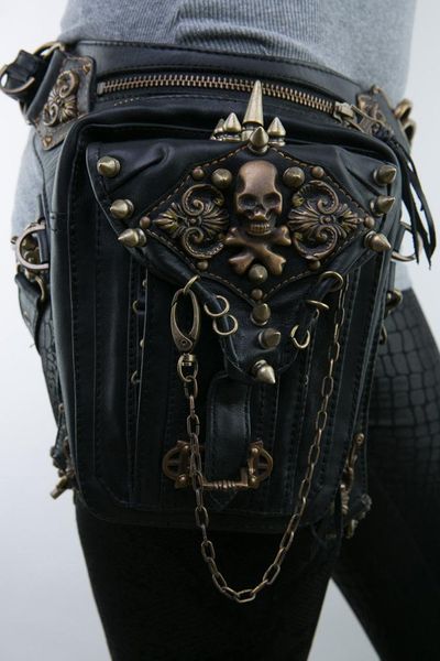 

backpack fashion gothic steampunk skull retro rock bag women waist shoulder phone case holder vintage leather messenger