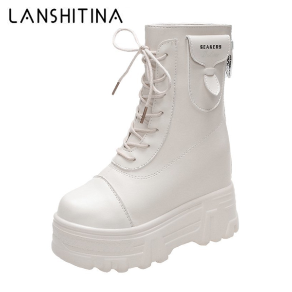 

boots women winter shoes woman hidden heel ankle autumn platform leather chunky sneakers 10cm warm fur short snow, Black