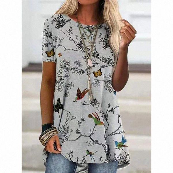 

women's t shirt plants bird round neck basic gray s6nv#, White