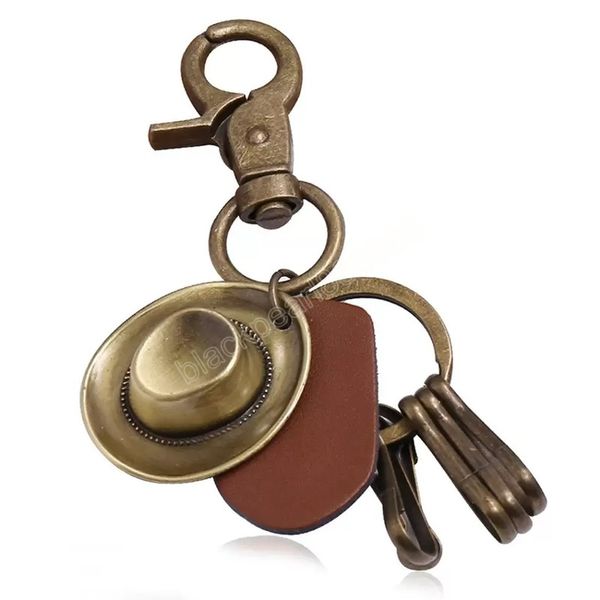 

ancient bronze cowboy hat lather key ring leather charm quicklink keychain holders for men fashion jewelry, Slivery;golden