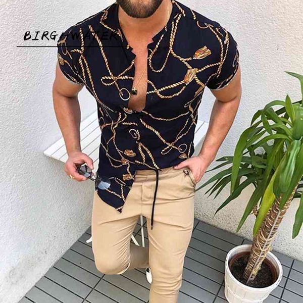 

summer men's shirt slim fit short sleeve hawaii casual s male single-breasted letter printing clothing 210721, White;black