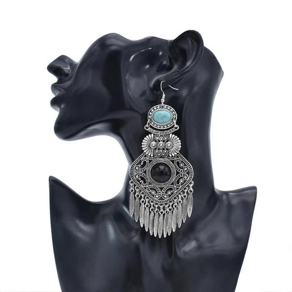 

dangle & chandelier bohemian vintage silver color metal tassel earrings for women carved flower big black red stone drop jewelry