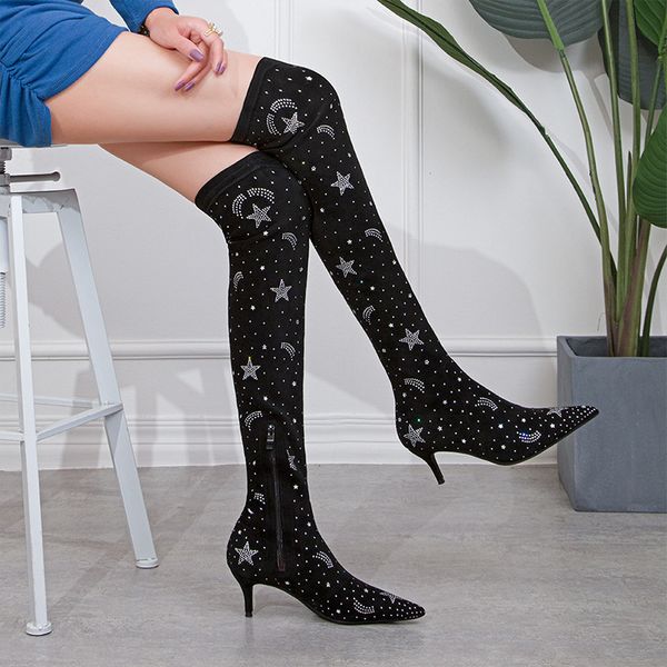 

winter boots high heel thin heel pointed suede rhinestone, Black