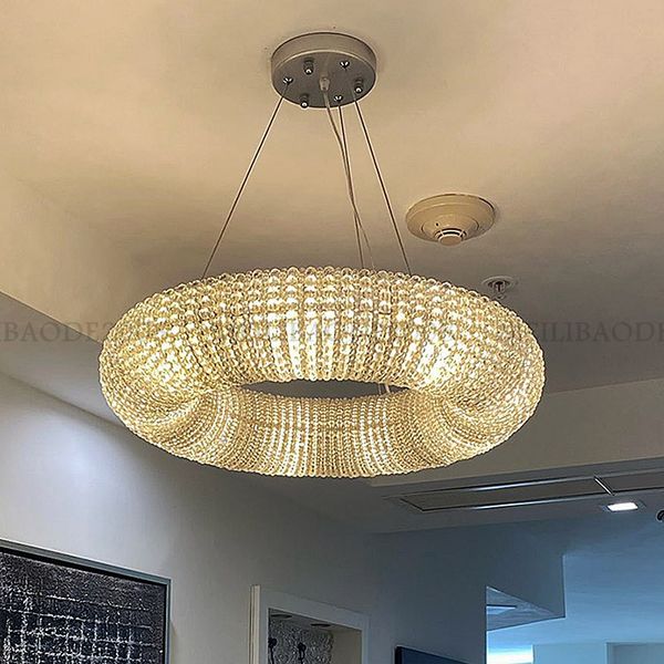 Современный Rh American Luxury Round Chrome Gold Gold LED Crystal Chansseliers Lights для столовой гостиной спальни дома Внутреннее освещение Светильники Кристалла Подвеска Лампы