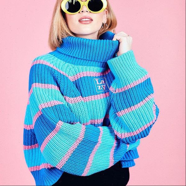 

womens sweaters women ulzzang lazy wind letter embroidery color matching striped high collar sweater harajuku clothing for, White;black