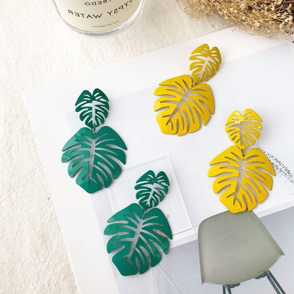 

dangle & chandelier bohemia large banana leaf drop earrings 6 color alloy leaves hollow statement fashion jewelry boucle d'oreille, Silver