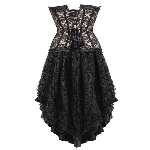

floral black lace trim corset with skirt overbust waist cincher bustier dress set halloween party dancing costume, Black;white