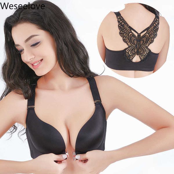 

weseelove plus size push up bra front closure butterfly brassiere backless bralette breast seamless bras for women d e 120 210623, Red;black