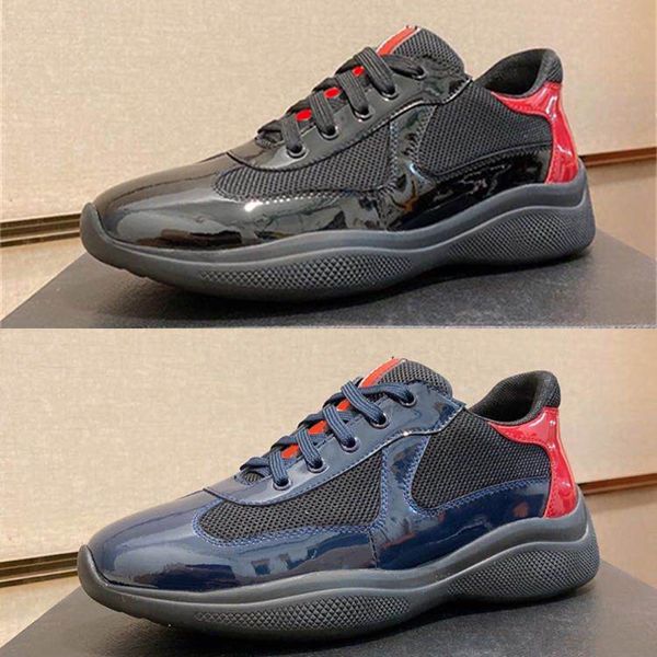 

men america cup designer sneakers patent leather flat trainers black blue mesh lace-up nylon casual shoes outdoor runner shoes with box