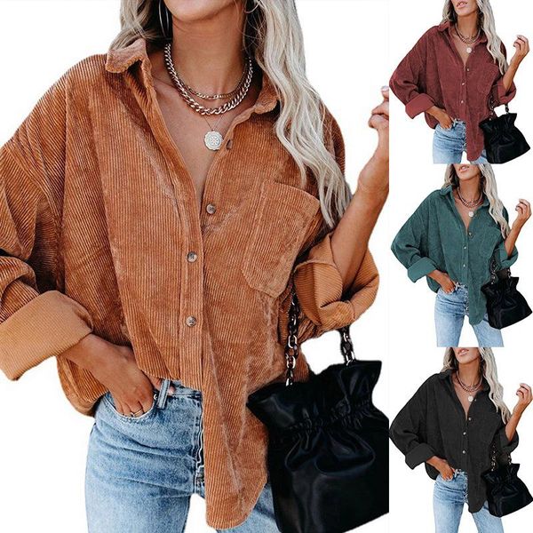 

women's jackets winter women jacket casual solid color button loose large size corduroy ladies long sleeve vintage coats, Black;brown