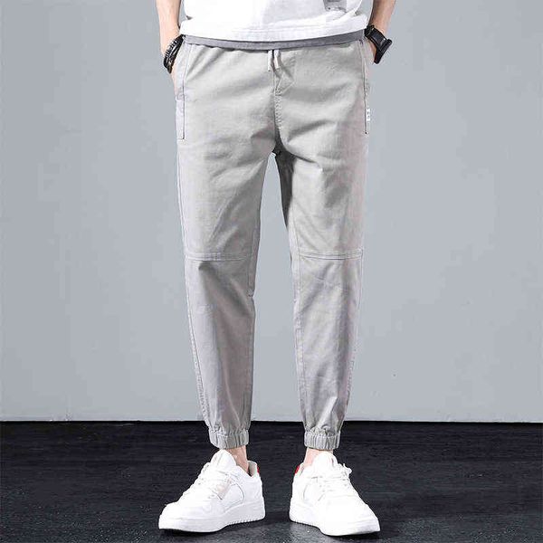 

men's jeans men's 2021 summer nine point casual korean version slim fit tether waist youth light gray men's pants, Blue