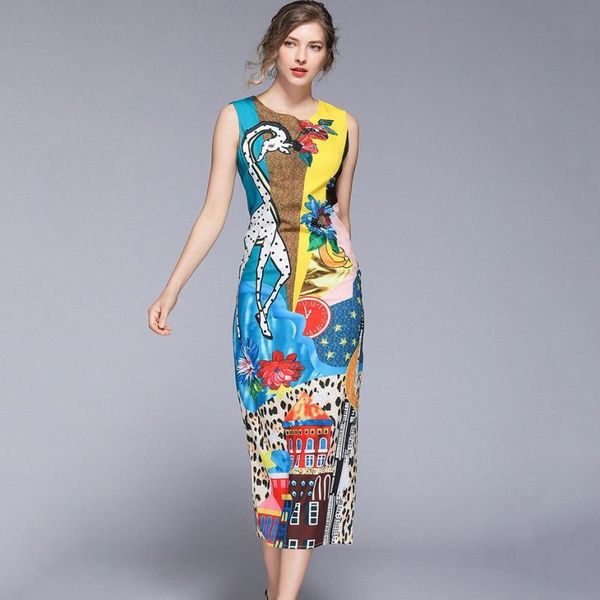 

casual dresses arrival summer runway animal desginer sleeveless vest printing dress giraffe floral party elegant clothing vestidos, Black;gray