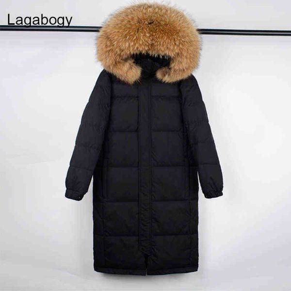 

lagabogy large real raccoon fur winter women 90% white duck down jacket female thick hooded long parkas oversized snow coat 211130, Black
