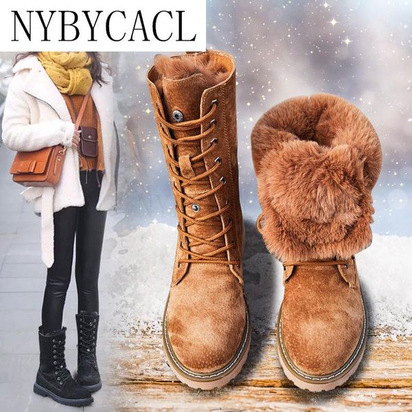 

boots wedge shoes genuine leather snow woman winter warm women's mid-calf ladies platform booties 41 fashion, Black