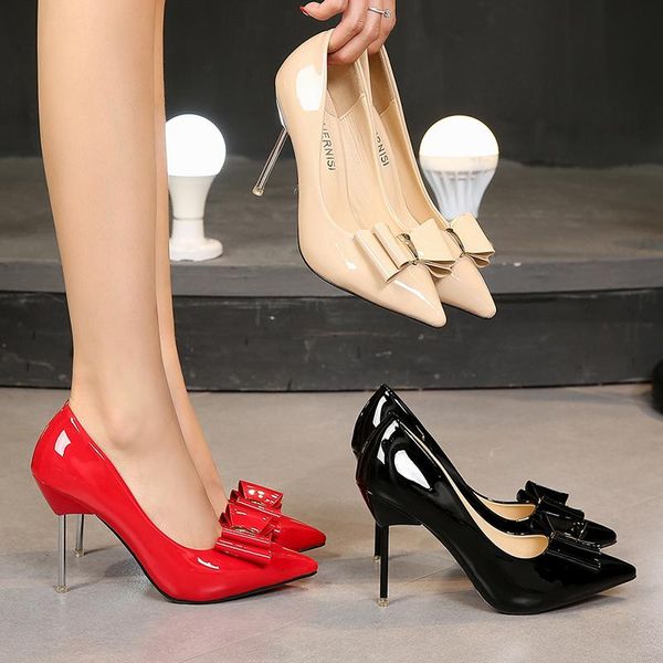 

dress shoes 10cm trend patent leather all match sweet gentle woman butterfly pumps 4 inches high heeled pointed toe party, Black