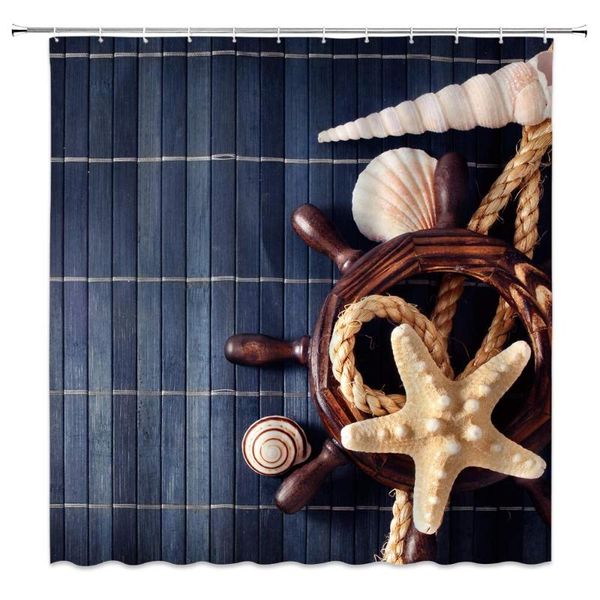 

nautical shower curtain decor rudder starfish shell conch sea life marine enthusiast sailor sailing navy brown fabric curtains