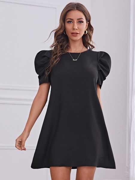 

puff sleeve keyhole back tunic dress n6y5#, Black;gray