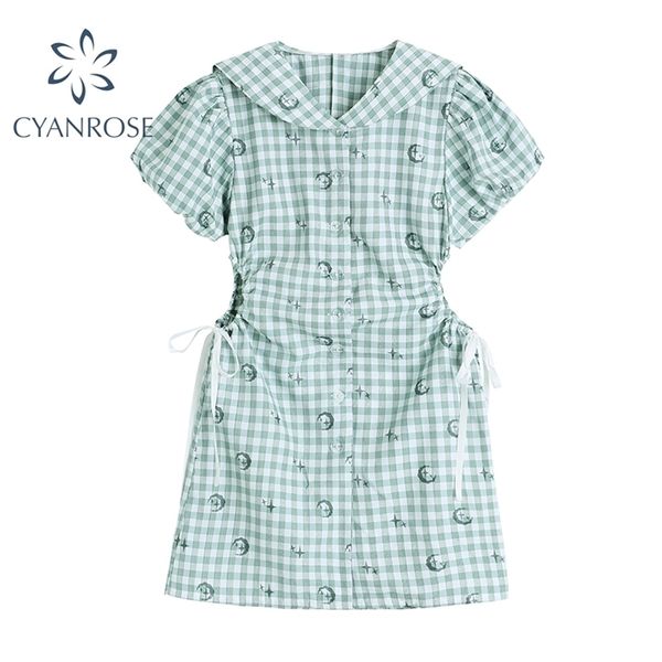 Total de xadrez verde para cima camisa Mulheres vestidos verão marinheiro colar sopro manga escavada de túnica impressão mini vestido feminino 210515