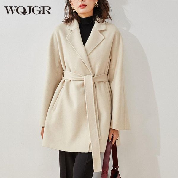 

women's wool & blends wqjgr s 2021 winter jacket women 30%cashmere 70%wool turn-down collar sashes full sleeve coat fashion, Black