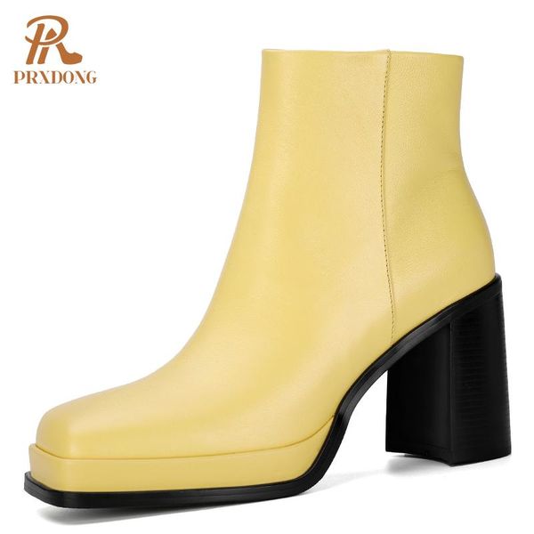 

boots 2021 fashion women's autumn winter ankle square toe high heels ladies platform shoes with zipper casual black brown yellow