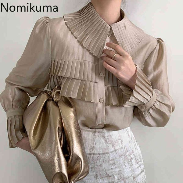 

nomikuma elegant korean style shirts solid color blusa single breasted long sleeve pleated design turn down collar blouse, White