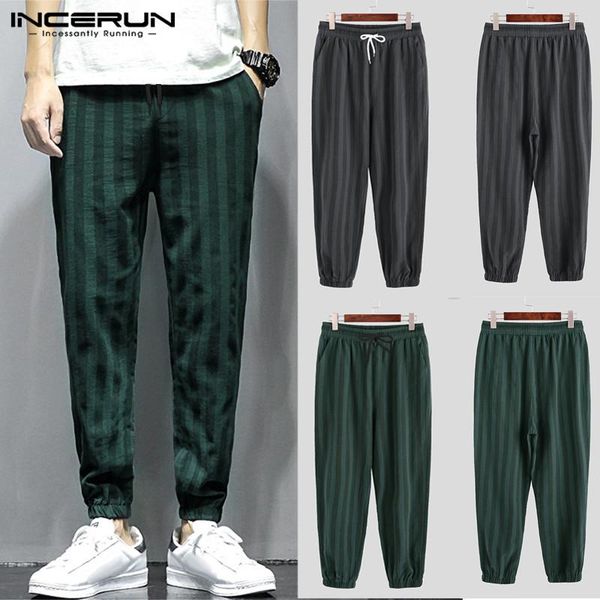 

men's pants incerun men striped elastic waist casual stylish streetwear sweatpants straight leg lacing pockets trouser pantalon hombre, Black