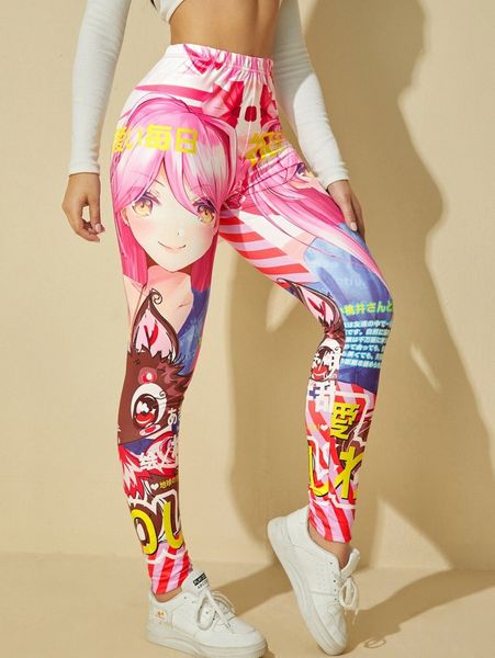 

high waist japanese letter and cartoon print leggings j41t#, Black