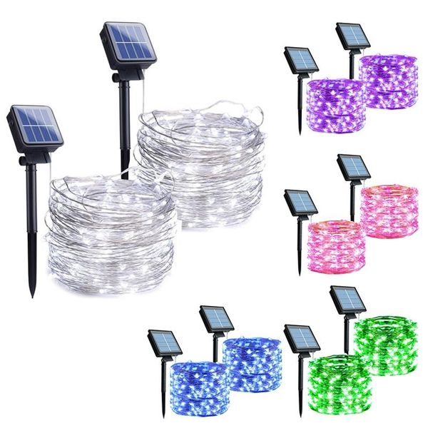 

strings solar string lights, 2 pack 33ft 100 led powered fairy lights with 8 modes waterproof copper wire