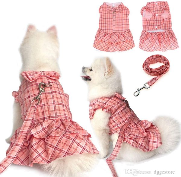 

6 Color Dog Apparel Wedding Dress Pup Braces Skirt With Leashes Pink Doggy Clothes Plaid Princess Dresses Sweetie Bowknot Pet Tutu Lace, Khaki check