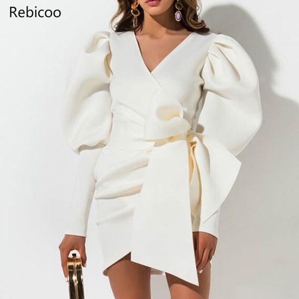 

casual dresses v-neck puff sleeve women dress autumn winter short female mini sash belt party vestidos bandage, Black;gray