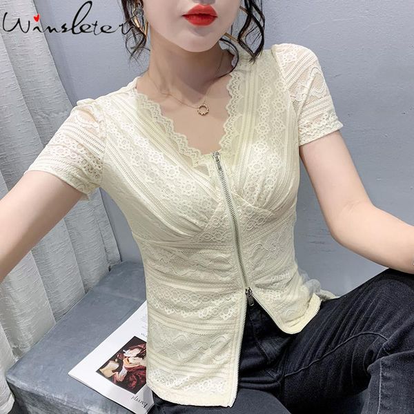 

women's t-shirt summer korean style lace slim fashion solid v-neck zipper women short sleeve bottoming shirt tees 2021 t14713a, White