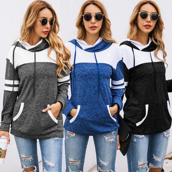 

women's hoodies & sweatshirts 2021 early autumn women casual clothing ladies striped drawstrings contrast hoodie with kangaroo pockets, Black