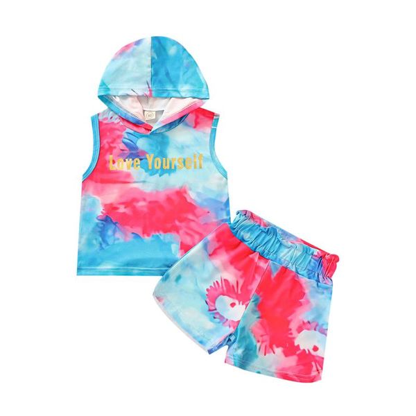 

clothing sets children's suit tie-dye sleeveless hoodie and shorts two-piece three-color for girls summer child cute clothes, White