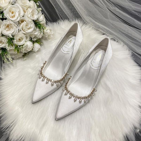 

dress shoes 2021 champagne bride white wedding bridesmaid pearl chain large size high heels, Black