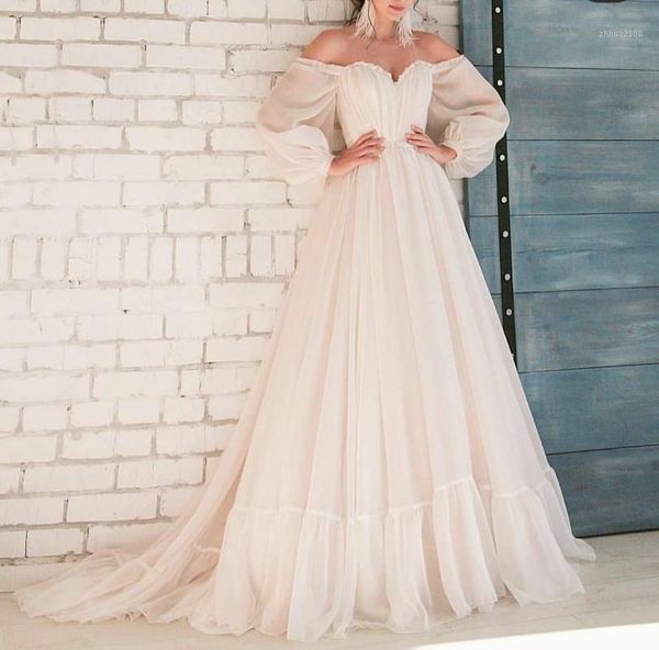 

other wedding dresses vintage long sleeve v-neck tulle custom made sweep train corset back ivory brautkleid robes de soirÃ©e for women1, White